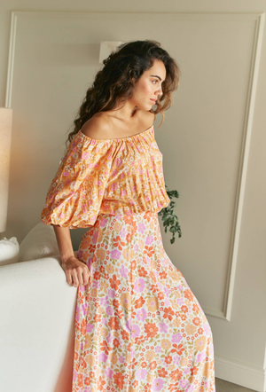 Jaase Hallie Maxi Dress with Off Shoulder A-Line Skirt Puff Sleeve - Crystal - Style House Fashion Jaase