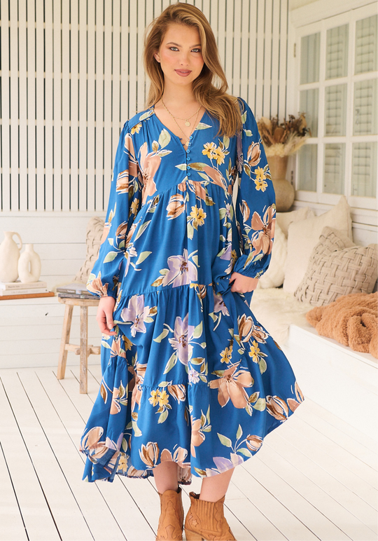 Jaase Eve Midi Dress with V-Neck Buttons Long Sleeve - Georgia Blue