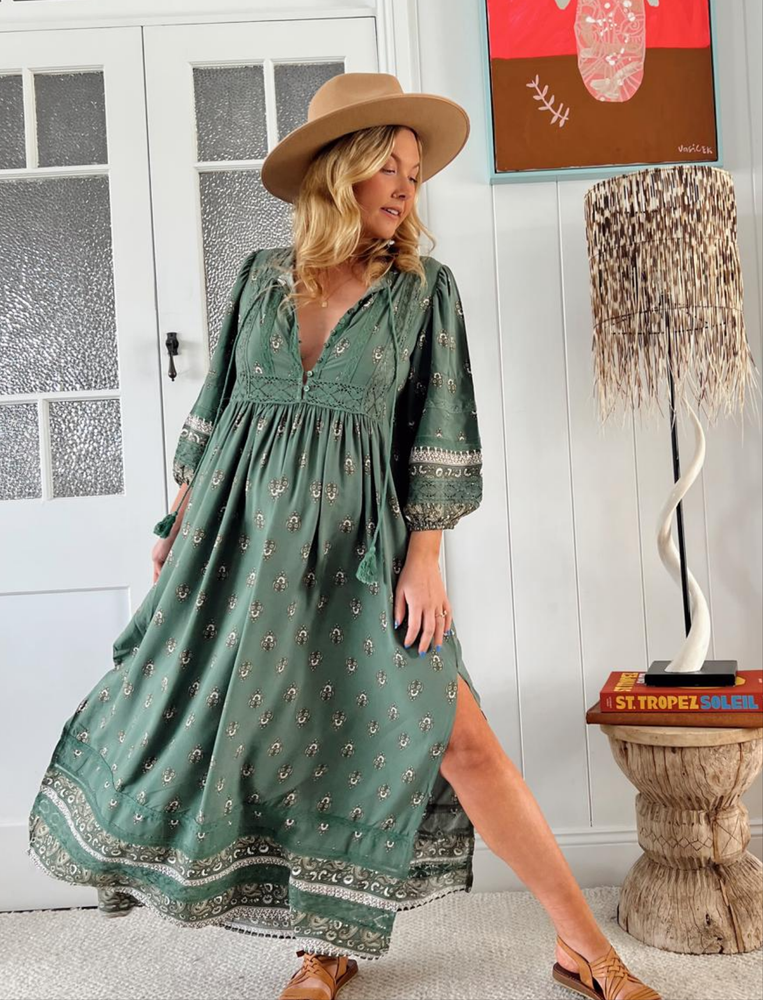 Jaase Meadow Maxi Dress with V Neck Button Bodice - Viridian - Style House Fashion Jaase