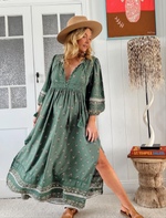 Jaase Meadow Maxi Dress with V Neck Button Bodice - Viridian - Style House Fashion Jaase