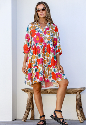 Joop & Gypsy Kaya Mini Dress with V Neck Buttons Pockets - Red Tropics - Style House Fashion Joop and Gypsy Joop and Gypsy Joop and Gypsy Joop and Gypsy