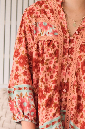 Jaase Bee Blouse Top with Mandarin Collar V Neck Buttons Lace Detail - Lillianna - Style House Fashion Jaase