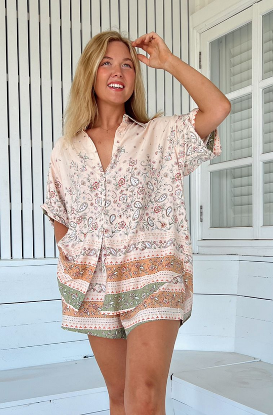 Jaase Lola Shirt Blouse with V Neck Collar Buttoned Front - Mist Flower