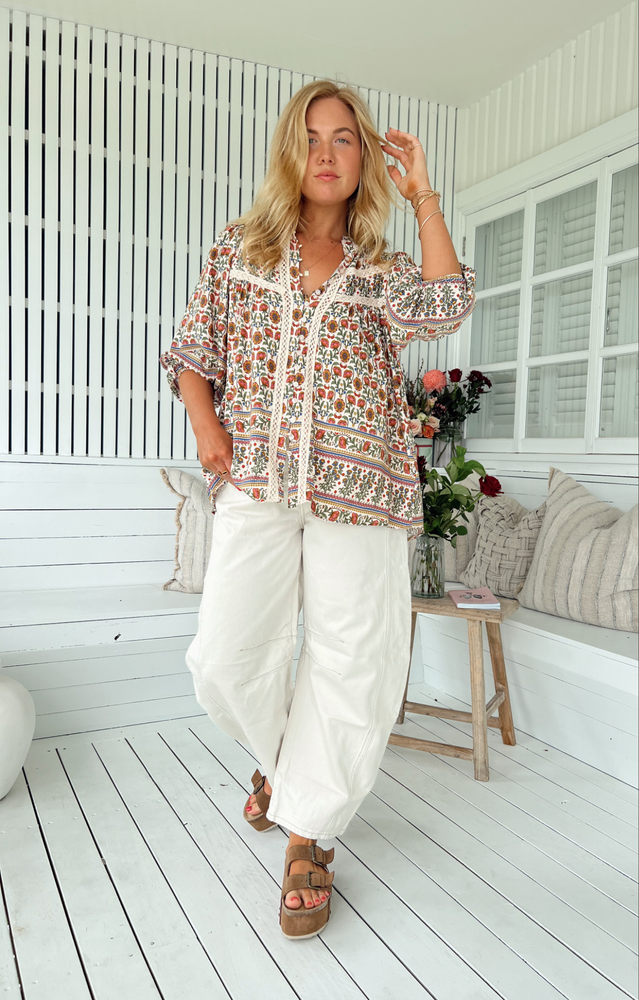 Jaase Bee Blouse Top with Mandarin Collar V Neck Buttoned - Harlowe