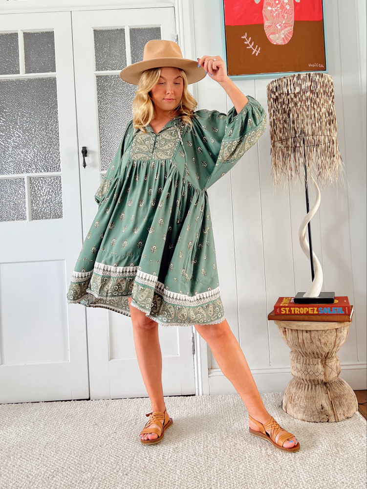 Jaase Adela Dress with Buttoned Bodice V-Neck Pockets - Viridian - Style House Fashion Jaase