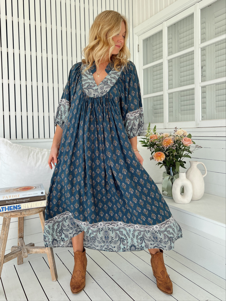 Jaase Boheme Midi Dress with Mandarin Collar V Neck Pockets - Nico