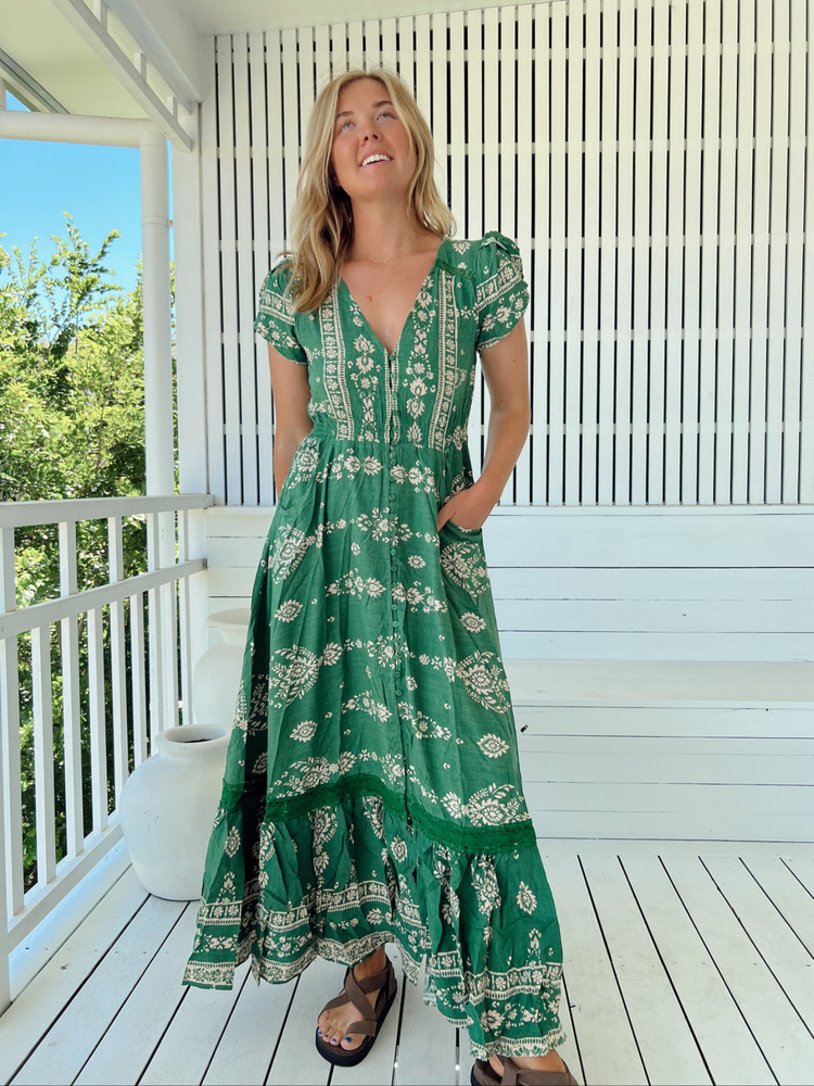 Jaase Carmen Maxi Dress with Cap Shell Sleeve V Neck Pockets - Kiva - Style House Fashion