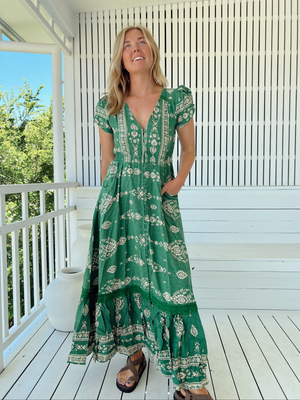 Jaase Carmen Maxi Dress with Cap Shell Sleeve V Neck Pockets - Kiva - Style House Fashion