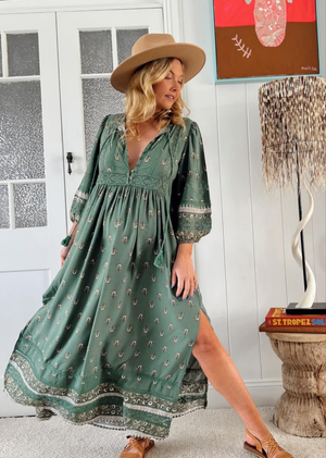 Jaase Meadow Maxi Dress with V Neck Button Bodice - Viridian
