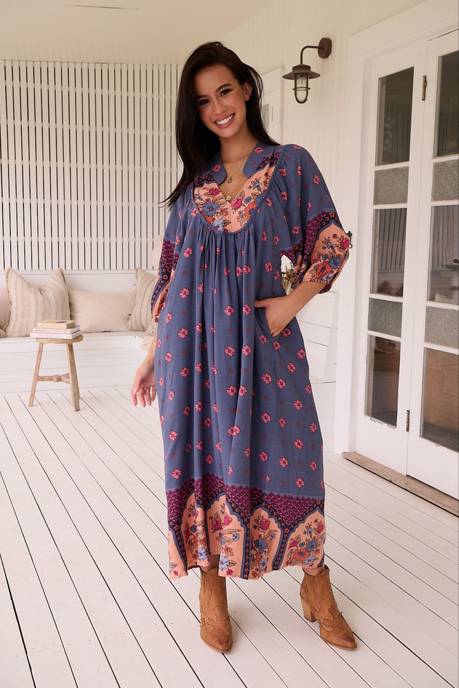 Jaase Boheme Midi Dress with Mandarin Collar V Neck Pockets - Laney - Style House Fashion