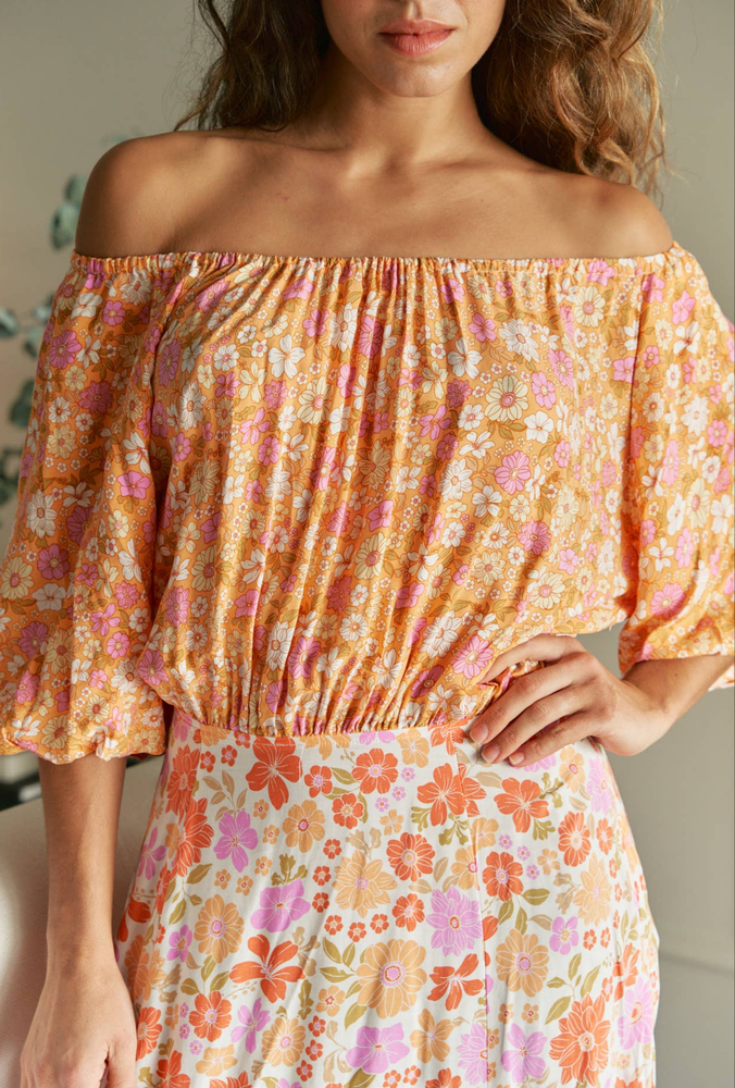 Jaase Hallie Maxi Dress with Off Shoulder A-Line Skirt Puff Sleeve - Crystal - Style House Fashion Jaase
