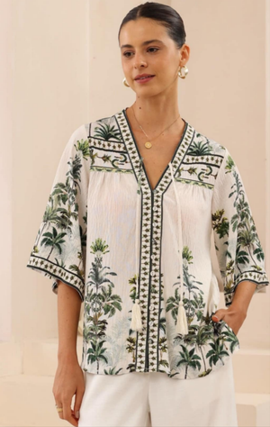 Iris Maxi Hannah Blouse Top with Tie V-Neck Sleeve Buttons - Paradise