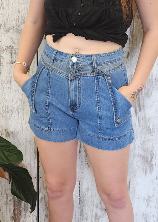 Country Denim Penny Non Stretch High Rise Cargo Shorts - Mid Blue