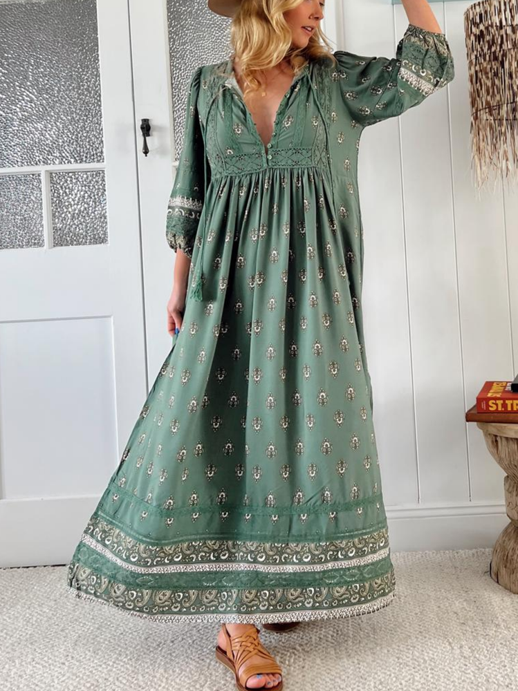 Jaase Meadow Maxi Dress with V Neck Button Bodice - Viridian - Style House Fashion Jaase