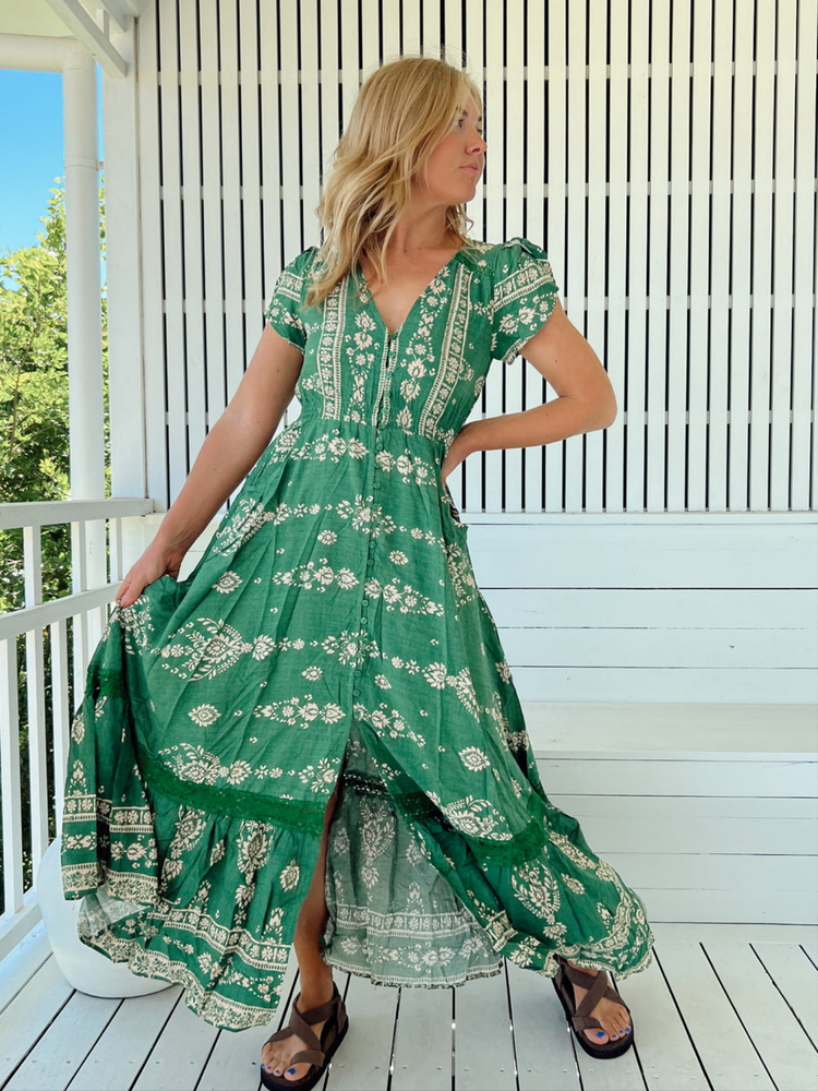 Jaase Carmen Maxi Dress with Cap Shell Sleeve V Neck Pockets - Kiva - Style House Fashion