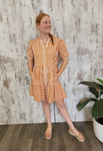 Joop & Gypsy Stripe Mini Dress V Neck Pockets - Pumpkin Striped