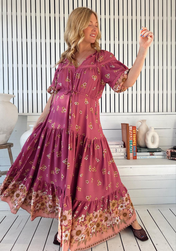 Jaase Elsa Maxi Dress with Button Bodice Puff Sleeve Lace Detail - Bee Orchid - Style House Fashion Jaase