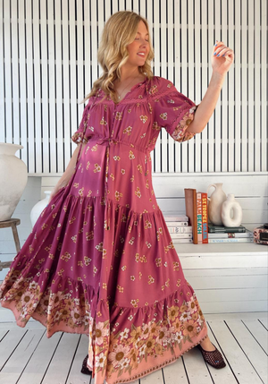 Jaase Elsa Maxi Dress with Button Bodice Puff Sleeve Lace Detail - Bee Orchid - Style House Fashion Jaase