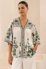 Iris Maxi Hannah Blouse Top with Tie V-Neck Sleeve Buttons - Paradise