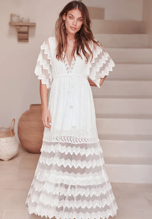 Jaase Bungalow Cotton Maxi Dress with V-Neck Lace Drawstring Batwing Sleeve - White