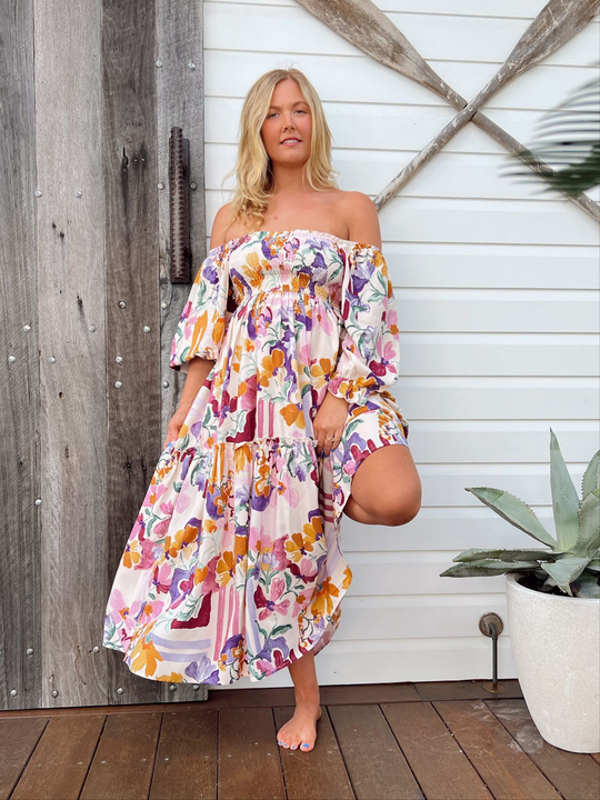 Jaase Tulli Midi Dress with Shirred Bodice Pockets Puff Sleeve - Sweet Lilly