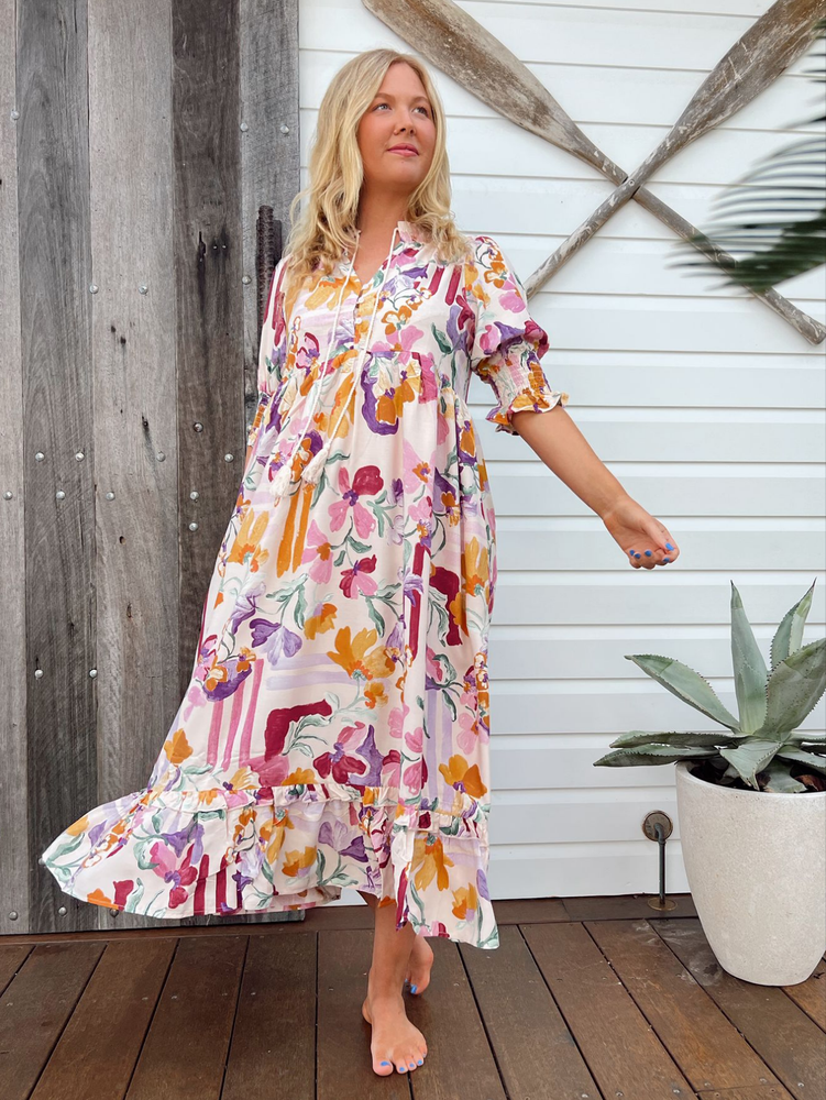 Jaase Kora Midi Dress with Tie Up V Neck Pockets Short Sleeve - Sweet Lilly - Style House Fashion Jaase Jaase