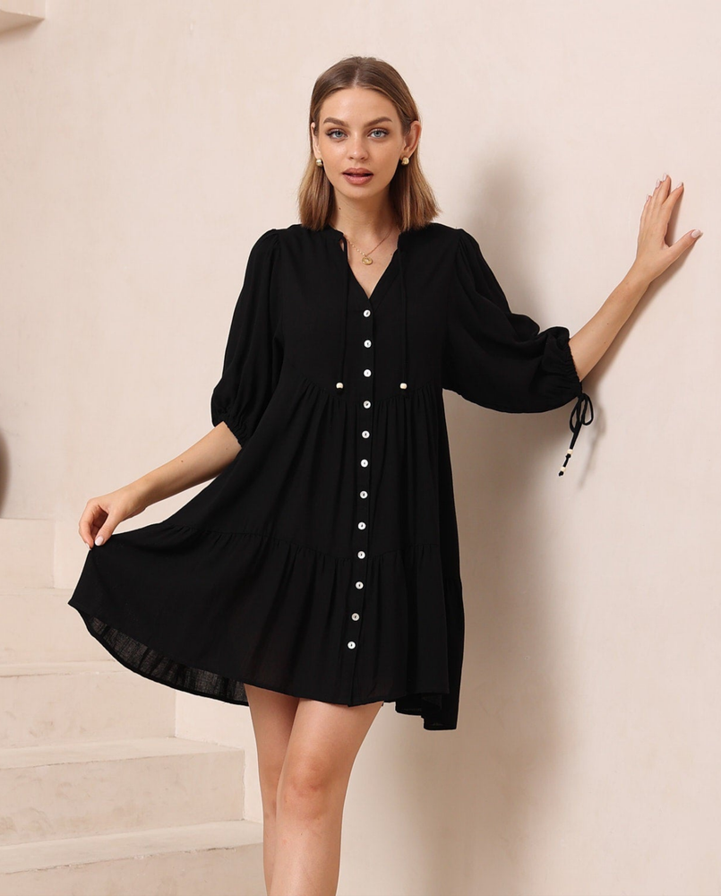 Iris Maxi Emma Mini Dress with V Neck Buttons Pockets - Black