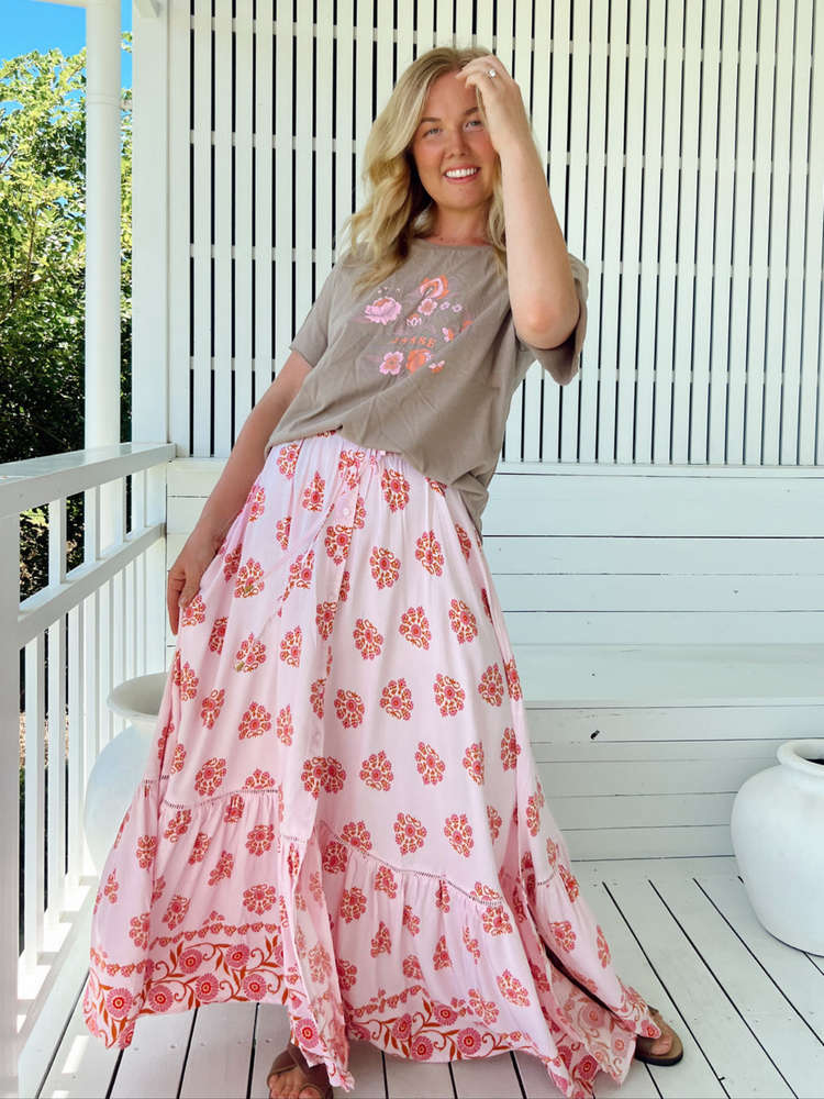 Jaase Daphne Maxi Skirt with Drawstring Waist Buttoned Front - Desert Wildflowers