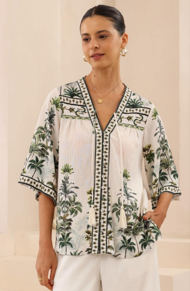 Iris Maxi Hannah Blouse Top with Tie V-Neck Sleeve Buttons - Paradise