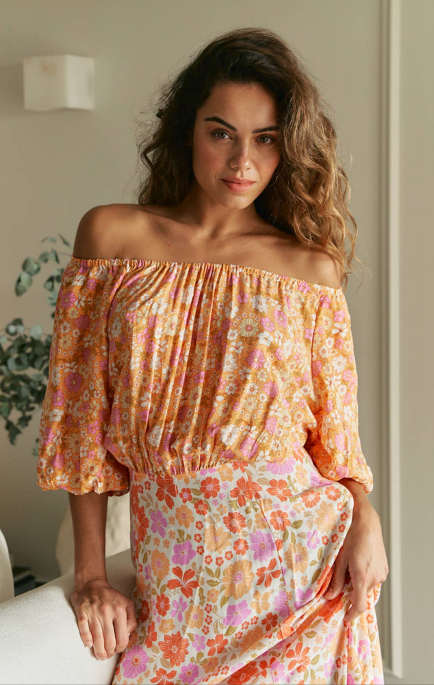 Jaase Hallie Maxi Dress with Off Shoulder A-Line Skirt Puff Sleeve - Crystal - Style House Fashion Jaase