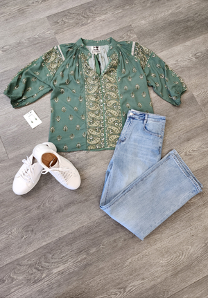 Jaase Montie Blouse with Mandarin Collar V-Neck - Viridian