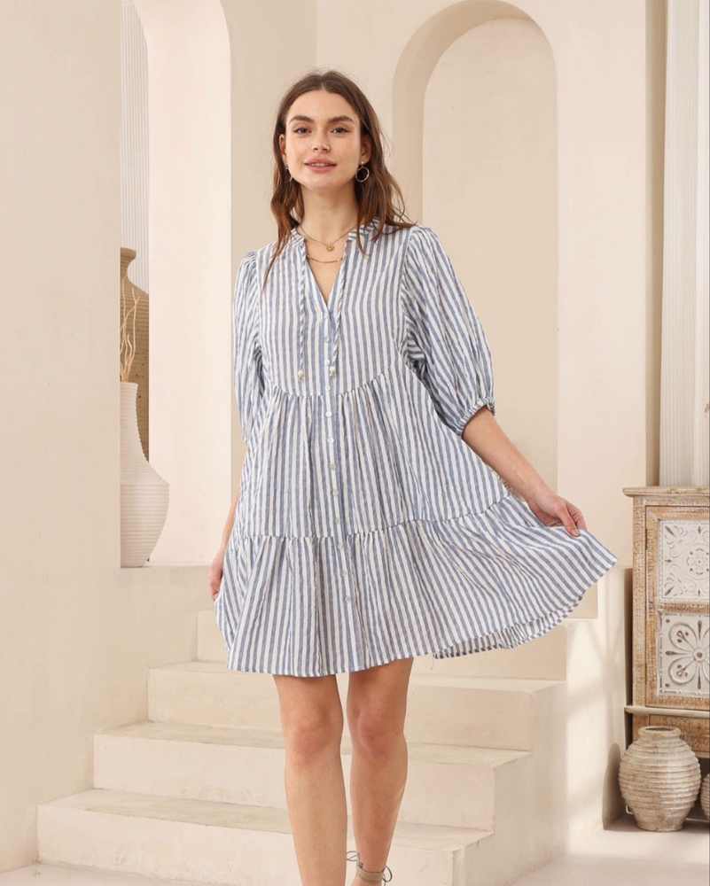 Iris Maxi Emma Mini Dress with V Neck Cotton Buttons Pockets - Chambray Stripe