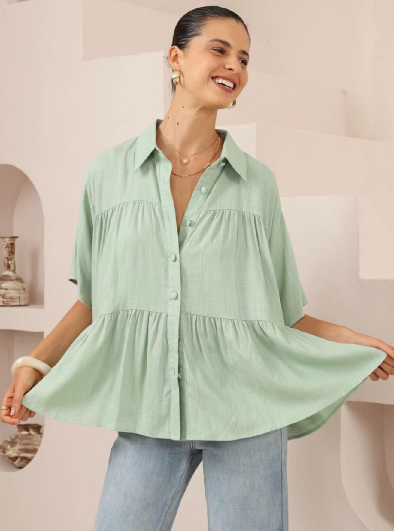 Iris Maxi Sarah Cotton Blouse Top with V-Neck Collar Buttoned Wide Sleeve - Pistachio - Style House Fashion