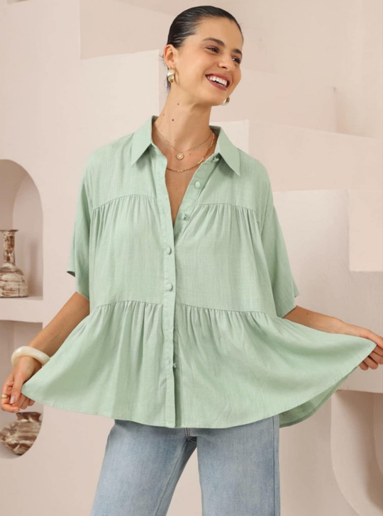 Iris Maxi Sarah Cotton Blouse Top with V-Neck Collar Buttoned Wide Sleeve - Pistachio