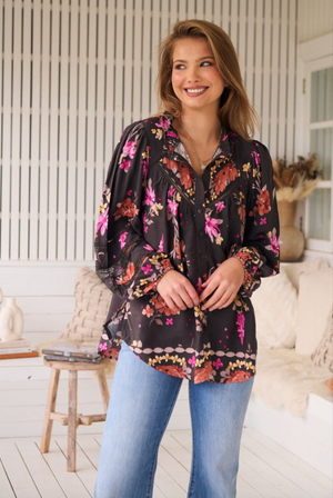 Jaase Eliza Blouse with V-Neck Lace Buttons Balloon Sleeve - Monarch Bloom - Style House Fashion
