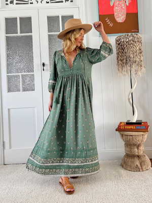 Jaase Meadow Maxi Dress with V Neck Button Bodice - Viridian - Style House Fashion Jaase