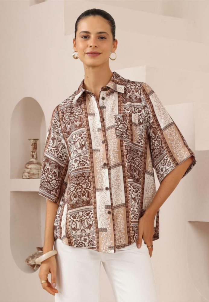 Iris Maxi Mindy Shirt Blouse with Collar Buttoned Front - Chocolate Marquise