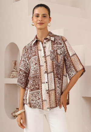 Iris Maxi Mindy Shirt Blouse with Collar Buttoned Front - Chocolate Marquise