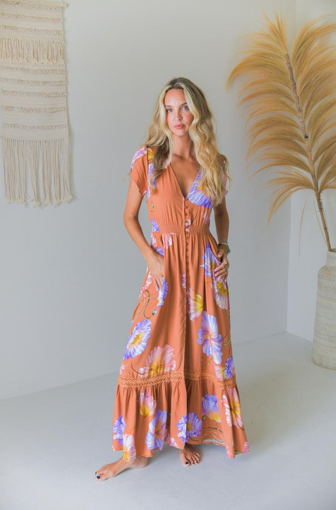 Jaase Carmen Maxi Dress with Cap Shell Sleeve V Neck Pockets Buttoned - Amara Bloom - Style House Fashion Jaase