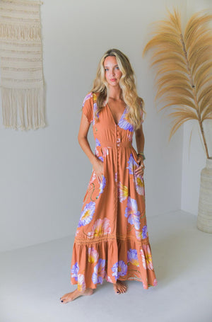 Jaase Carmen Maxi Dress with Cap Shell Sleeve V Neck Pockets Buttoned - Amara Bloom - Style House Fashion Jaase