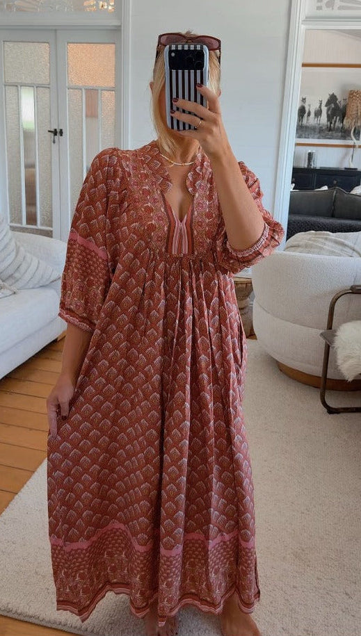 Jaase Boheme Midi Dress with Billowy Sleeve V-Neck Pockets - Coral Eden - Style House Fashion Jaase Jaase