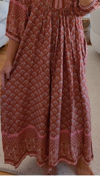 Jaase Boheme Midi Dress with Billowy Sleeve V-Neck Pockets - Coral Eden - Style House Fashion Jaase Jaase