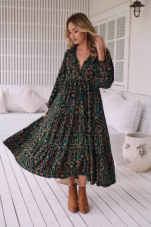 Jaase Eve Midi Dress with Long Billowy Sleeve - Emerald - Style House Fashion Jaase