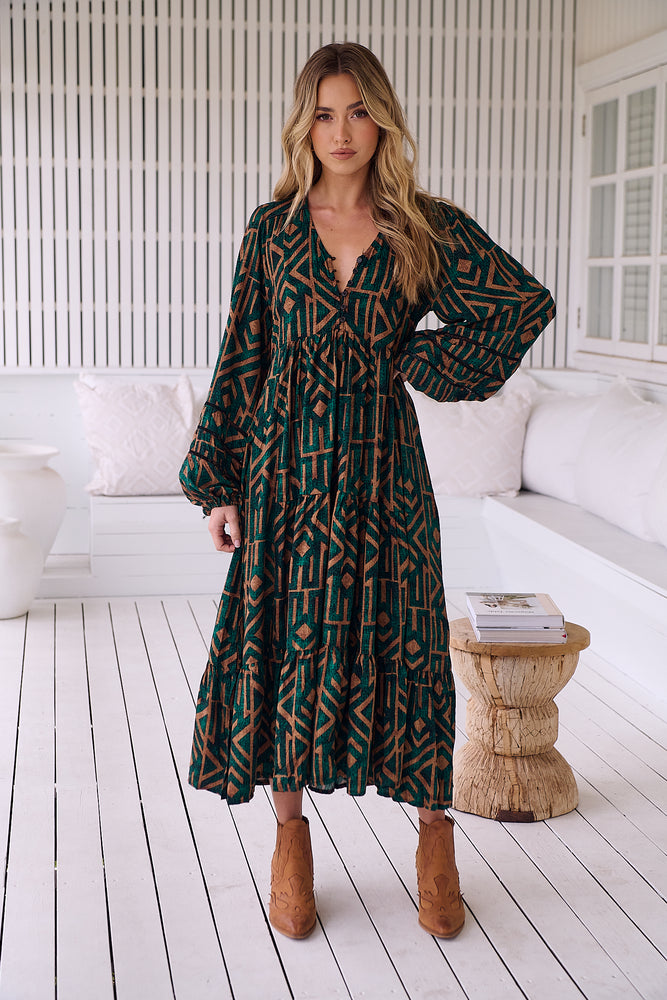 Jaase Eve Midi Dress with Long Billowy Sleeve - Emerald - Style House Fashion Jaase