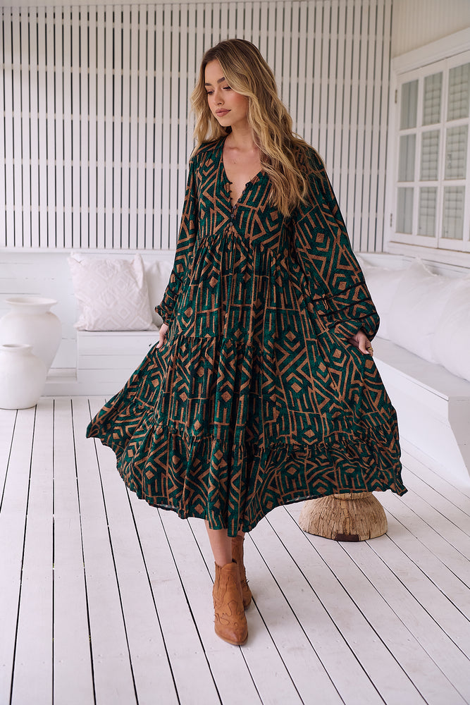 Jaase Eve Midi Dress with Long Billowy Sleeve - Emerald - Style House Fashion Jaase