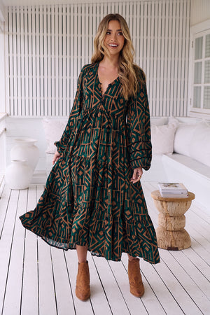 Jaase Eve Midi Dress with Long Billowy Sleeve - Emerald - Style House Fashion Jaase