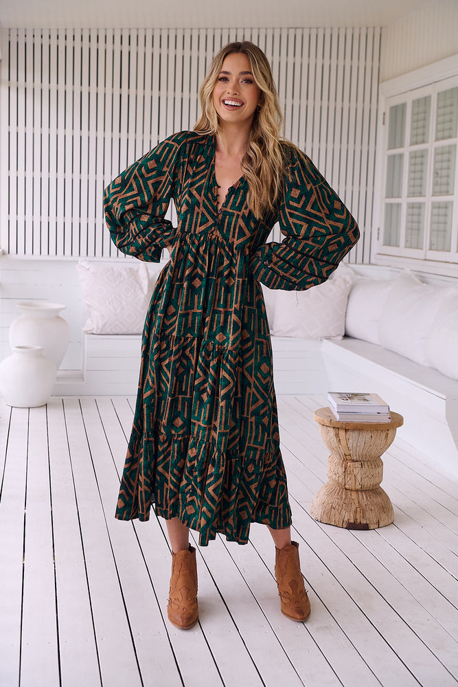 Jaase Eve Midi Dress with Long Billowy Sleeve - Emerald - Style House Fashion Jaase