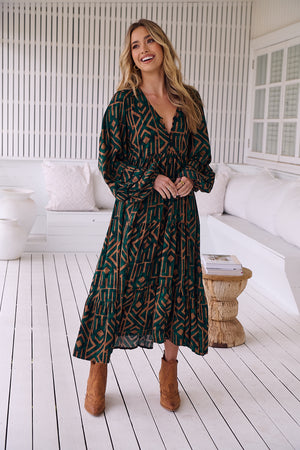 Jaase Eve Midi Dress with Long Billowy Sleeve - Emerald - Style House Fashion Jaase