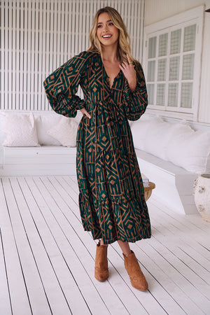 Jaase Eve Midi Dress with Long Billowy Sleeve - Emerald - Style House Fashion Jaase