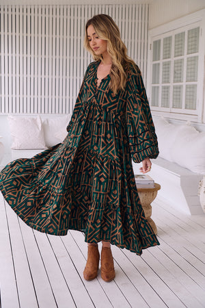 Jaase Eve Midi Dress with Long Billowy Sleeve - Emerald - Style House Fashion Jaase